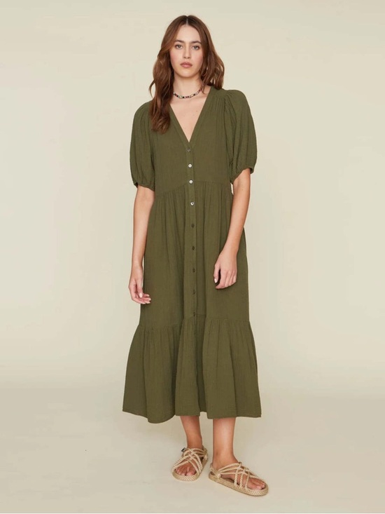 XiRENA Dresses & Skirts - Xirena Olive Green V-Neck Button-Front Midi Lennox Dress | XS